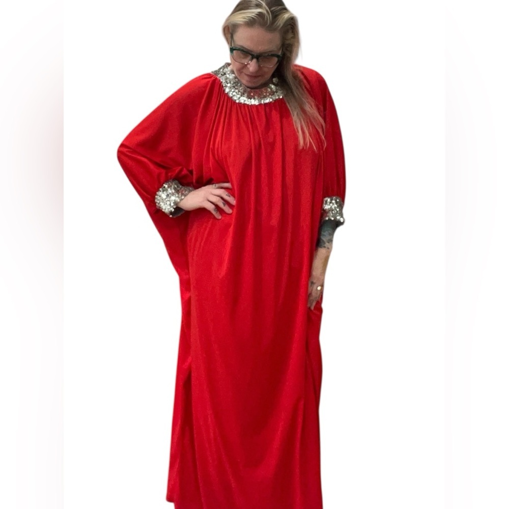 My kinda gal red sequined hostess muumuu kaftan patio dress-OSFM